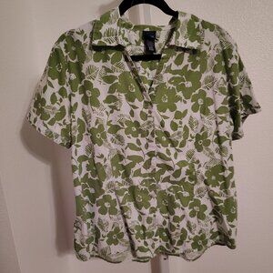 Basic Editions Women's Short Sleeve Top Size XL Floral Hawaiian Green White